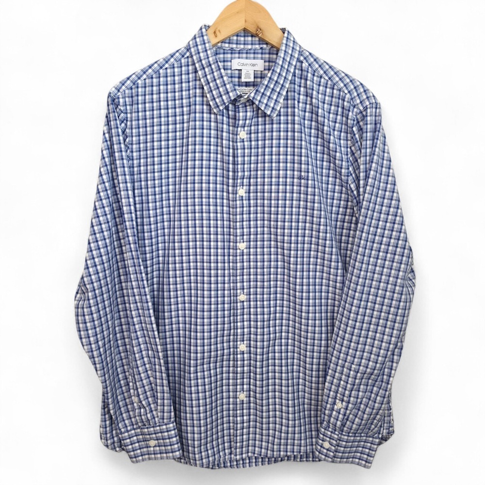 Calvin‎ Klein Shirt Mens Large Blue Plaid Button Cotton Cashmere Long Sleeve
